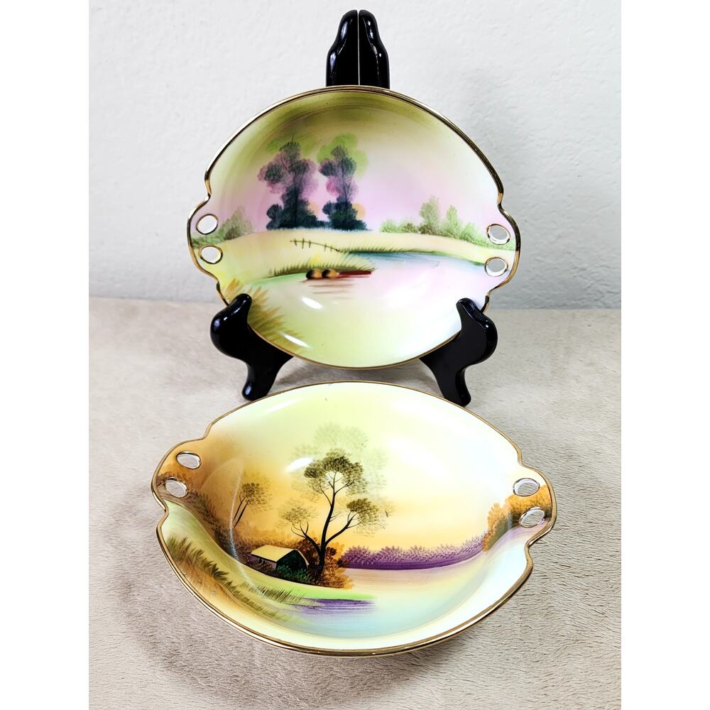 Rare Meito China Bowl Dish 7" Hand Painted Gold Trim Double Handle 1930 Japan